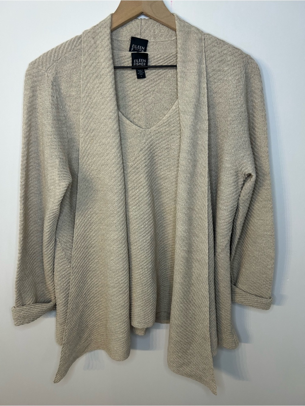 Eileen Fisher Women’s Tan Wool Sweater Twinset w/ Open Cardigan and Tank, Large - Picture 1 of 14